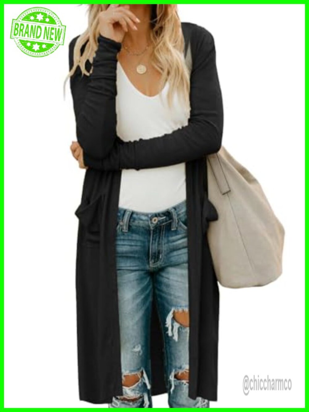 Hooded Open Front Long Sleeve Lightweight Cardigan with Pockets Below Knee